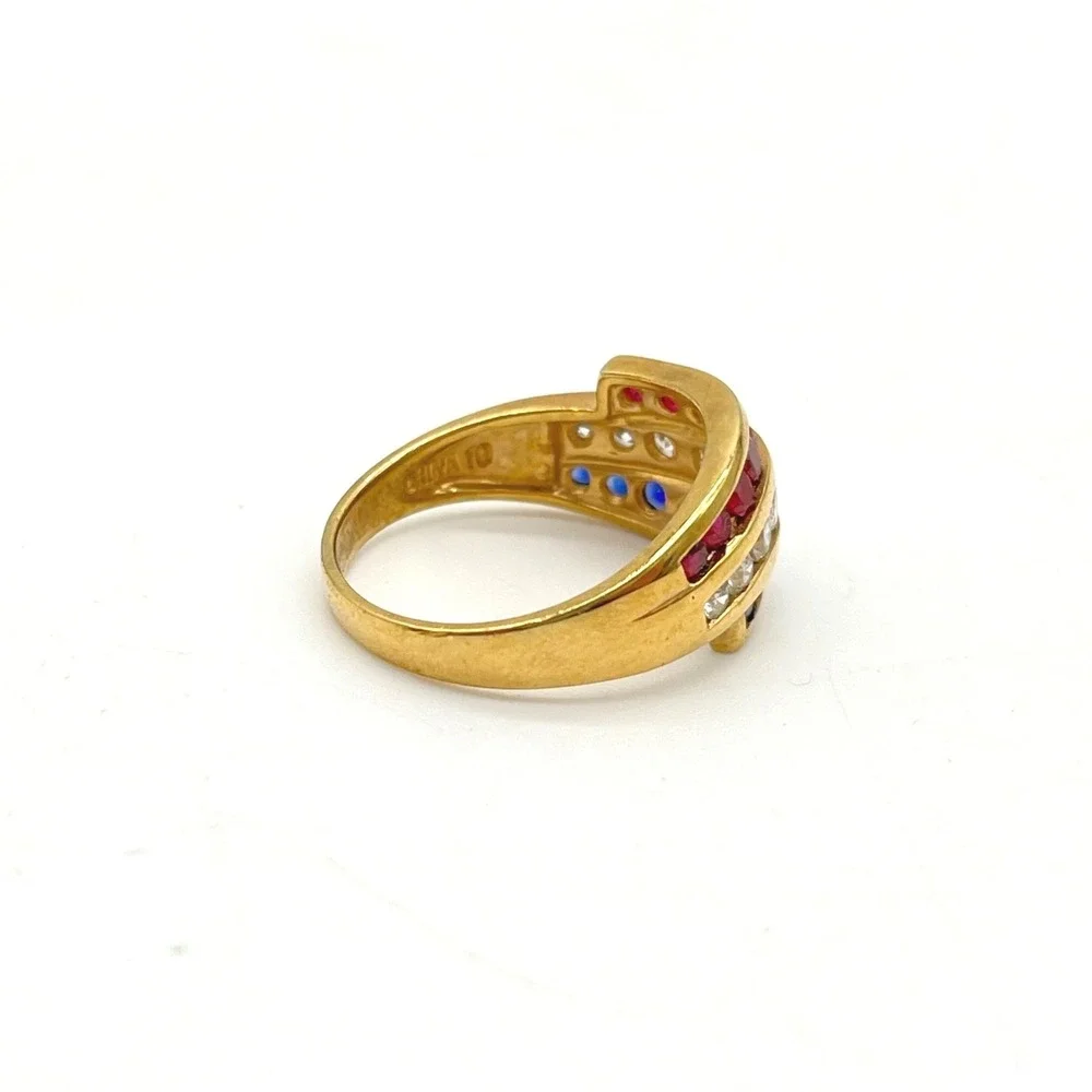 Gold Vermeil Sterling Silver Red‎ White Blue Channel Set Triple Row Ring Size 10